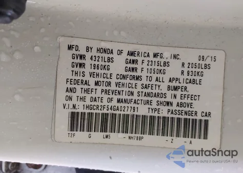 2016 Honda Accord Sport from USA, damaged, VIN 1HGCR2F54GA027791